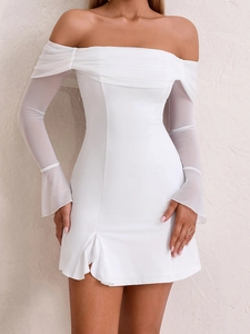 Detail of white off-shoulder mini dress with mesh bell sleeves and side slit design