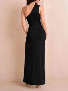 Elegant one-shoulder black maxi dress with an open back and high slit tailored design