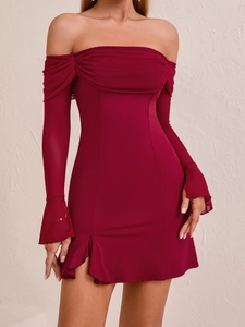 Detail of burgundy off-shoulder dress featuring mesh bell sleeves and pleated neckline