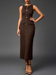 Detail view of ribbed knit midi dress with gold buttons and side pocket accents