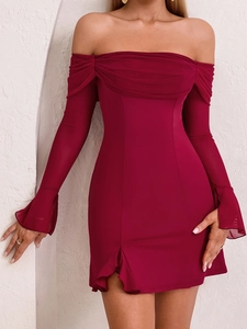 Detail of burgundy off-shoulder mini dress featuring mesh ruffle neckline and flared sleeves