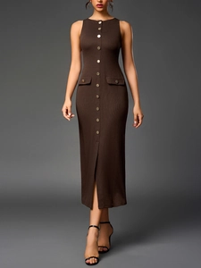 Detailed macro view of the dark brown ribbed knit dress with decorative metallic buttons