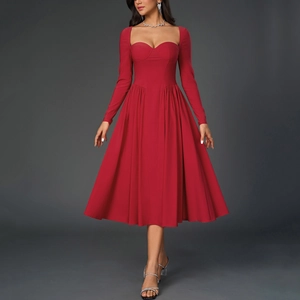 Robe Midi Sexy à Col Coeur Dos Nu Manches Longues pour Femmes Coupe Trapèze Plissée Couleur Unie Robe de Soirée