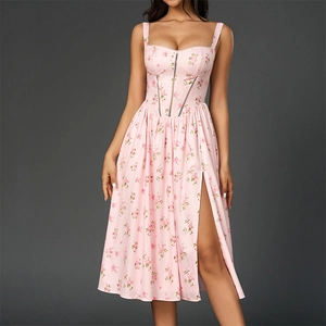 Sexy Floral Backless Cowl Neck Maxi Dress For Women High Slit Sleeveless Vintage French Style Vacation Party Long Dress