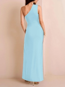 Detailed back side view of the light blue one-shoulder dress with a high side slit