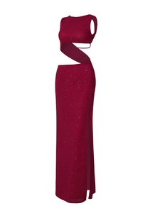 Detail of wine red mesh dress featuring sparkling silver sequins and side waist cutouts