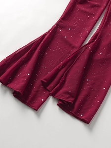 Détail d'un pantalon en tulle bordeaux à pattes d'eph avec strass argentés brillants