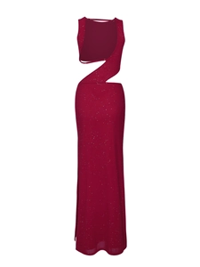Detail of red backless mesh dress featuring silver glitter and side cutout waist design