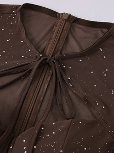 Dettaglio di abito in rete con paillettes argento e cerniera invisibile sul retro