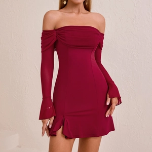 Elegant burgundy off-shoulder mini dress with mesh bell sleeves and side slit detail