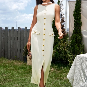 Women Ribbed Knit Sleeveless Maxi Dress With Gold Buttons Front Slit Slim Fit Backless Elegant Casual Bodycon Long Dress