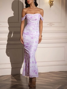 Detail of ruched floral mesh dress with elegant off-shoulder neckline and purple print