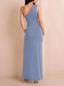 Rear view detail of blue-gray one-shoulder dress showing slim fit and gathered waist