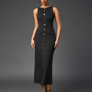 Slim fit black ribbed maxi dress with gold buttons and sleeveless design for women