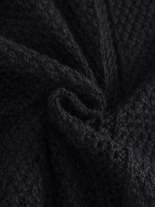 Close-up of black knitted fabric showing the detailed honeycomb weave and texture of the dress