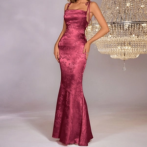 Women Sexy Backless Jacquard Satin Maxi Dress Floral Tie Up Straps Mermaid Evening Gown Bodycon Fish Tail Banquet Party Dress