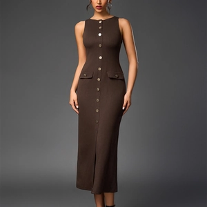 Elegant slim-fit ribbed knit sleeveless dress with gold buttons and front slit detail