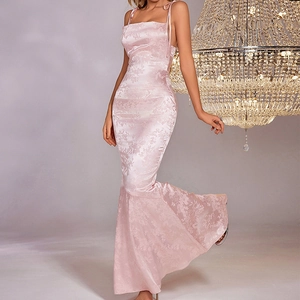 Elegant light pink floral jacquard evening dress with spaghetti straps and mermaid hem