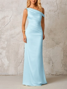 Detail of baby blue satin one-shoulder maxi dress with elegant ruched waist design