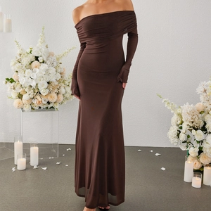 Elegant Off Shoulder Long Sleeve Ruched Maxi Dress Sexy Backless Mesh Bodycon Evening Party Long Dress For Women