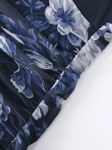 Close-up of blue floral mesh fabric featuring ruched details and intricate print patterns
