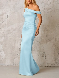 Detail of light blue satin one-shoulder dress with elegant waist pleats and slim fit
