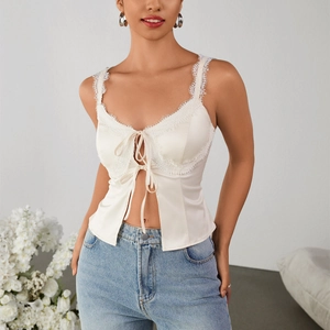 Damen Sexy Satin Unterhemd Oberteil Spitze Patchwork Besatz Vorne Schleife Rückenfrei Slim Short Crop Top Party Weste
