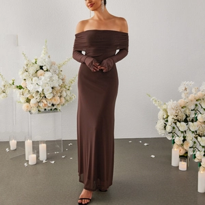 Elegant coffee brown mesh off-shoulder long sleeve dress with ruched bodycon fit