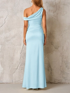 Detailed back view of light blue satin one-shoulder maxi dress with elegant sheen