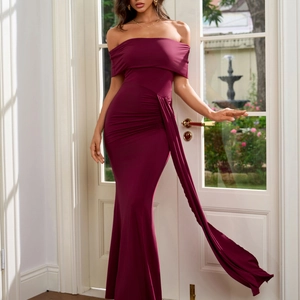 Robe Longue Maxi à une Épaule Plissée pour Femmes Sexy Dos Nu Coupe Slim Rouge Vin Robe de Soirée Fête Mariage Longue