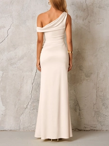 Elegant back view of slim fit cream satin one-shoulder maxi dress for formal events