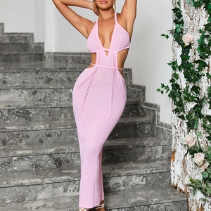 Pink knitted halter maxi dress with plunging V-neck and sexy waist cut-out details