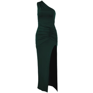 Dark green one-shoulder evening gown with ruched waist and high side slit detail