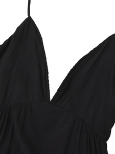 Detail shot of the deep V-neckline and textured fabric on this black backless dress