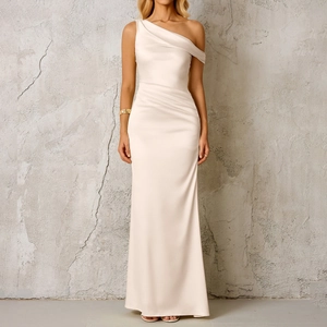 Elegant champagne satin one-shoulder slim fit maxi dress with pleated details for evening