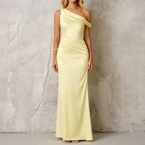 Elegant one-shoulder yellow satin maxi dress with slim fit ruched waist and silky finish