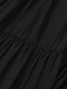 Detailed close-up showing the fine texture and elegant ruffles of the black fabric dress