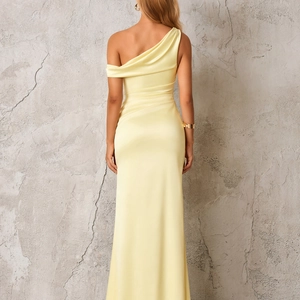 Slim fit one-shoulder yellow satin maxi dress with elegant ruched back detail