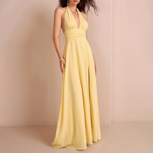 Sexy Neckholder-Maxikleid aus gelbem Chiffon mit tiefem V-Ausschnitt und Seitenschlitz