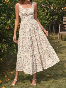 Detail of floral tiered dress with square neckline and drawstring cutout in citrus grove