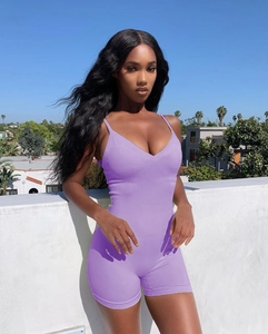 Detail shot of purple ribbed knit bodysuit with thin straps and a V-neckline