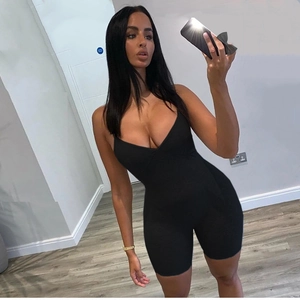Women's black sleeveless bodysuit with V-neckline and ribbed fabric for a slim fit