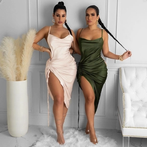 Detailed view of cowl neck satin midi dress with side drawstring and high slit