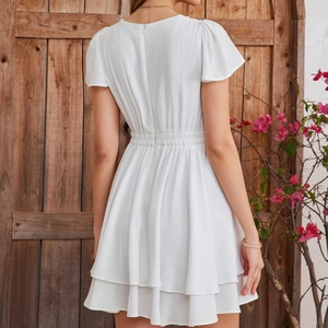 Elegant white V-neck short dress with ruffle sleeves and pleated high waist design