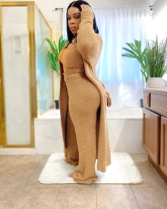 Three-piece brown plush loungewear set with soft robe and wide-leg trousers