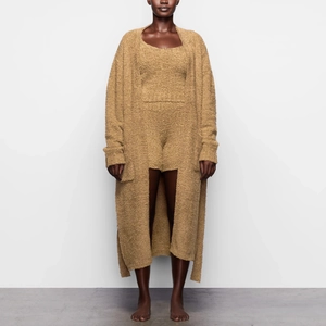 Three-piece camel plush knit set with long cardigan, tank top and shorts for women