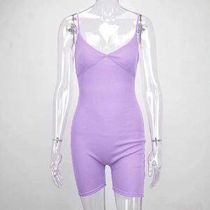 Close-up of light purple ribbed knit fabric on a V-neck slim fit romper suit