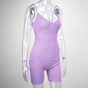 Detailed front view of light purple ribbed knit bodysuit with thin straps on mannequin