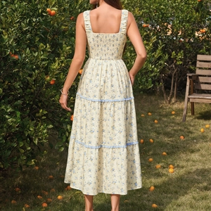 French floral tiered sundress with square neck and smocked back in sunlit orchard