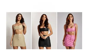Three colors of women's PU leather two-piece sets including crop top and mini skirt